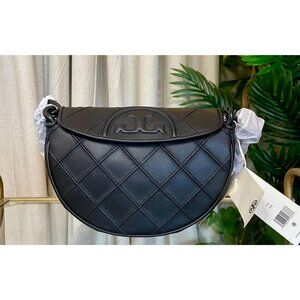 NEW!!! Authentic Tory Burch Black Quilted Leather Fleming Cresent Handbag